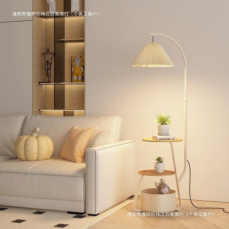 奶油风落地灯置物收纳一体中古轻奢简约原木客厅卧室床头灯氛围灯