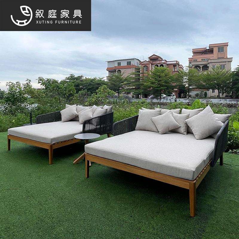 户外沙发庭院防晒防水藤艺躺床室外藤编露台实木床小茶几组合家具