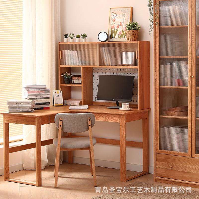 转角书桌书房书架实木北欧电脑桌橡木学习桌小户型家用原木办公桌