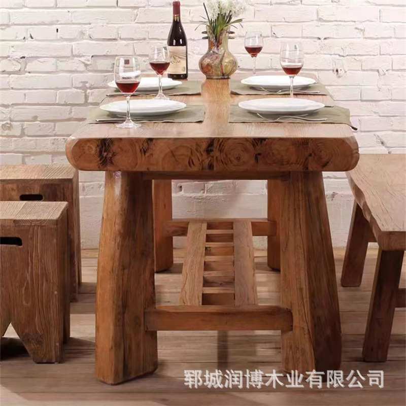 老榆木餐桌原木家具餐厅小饭桌长方形实木茶饭桌子民宿复古原木桌
