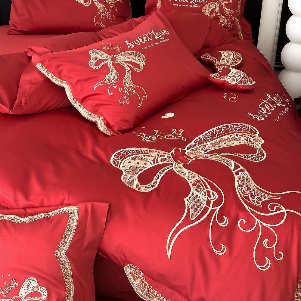 喜庆大蝴蝶结绣花春夏新品100s双股澳棉全棉大红色被单婚庆款套件