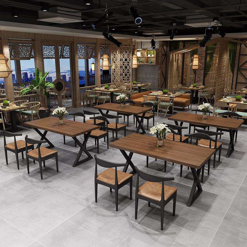 美式复古工业风餐桌经济型实木长方形桌子面馆饭店餐厅餐桌椅组合