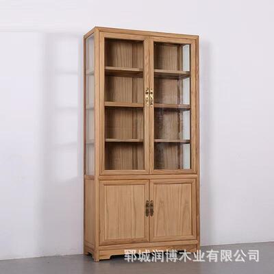 老榆木书架实木玻璃展示柜文件资料储物柜新中式陈列柜仿古书柜