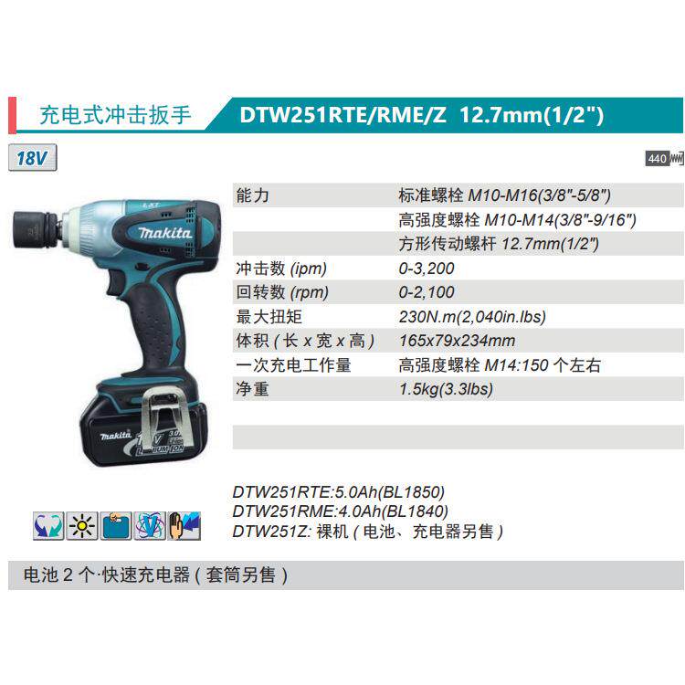 牧田Makita充电式电动扳手DTW251RTE/RME/Z冲击扳手锂电18V