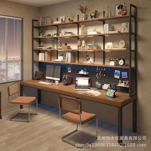 简约现代lote铁艺实木办公桌书房学习桌书架一体双人卧室电脑桌