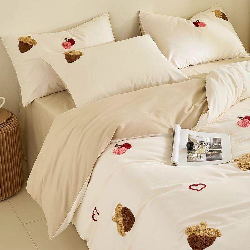 觉先生清新100S长绒棉磨毛巾绣四件套纯棉全棉床单被套床上用品