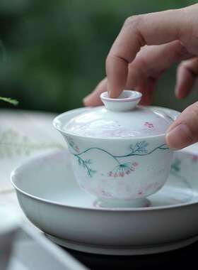 束刻玉泥古青手绘紫色花二才盖碗陶瓷茶具敬茶碗茶台泡茶碗不烫手