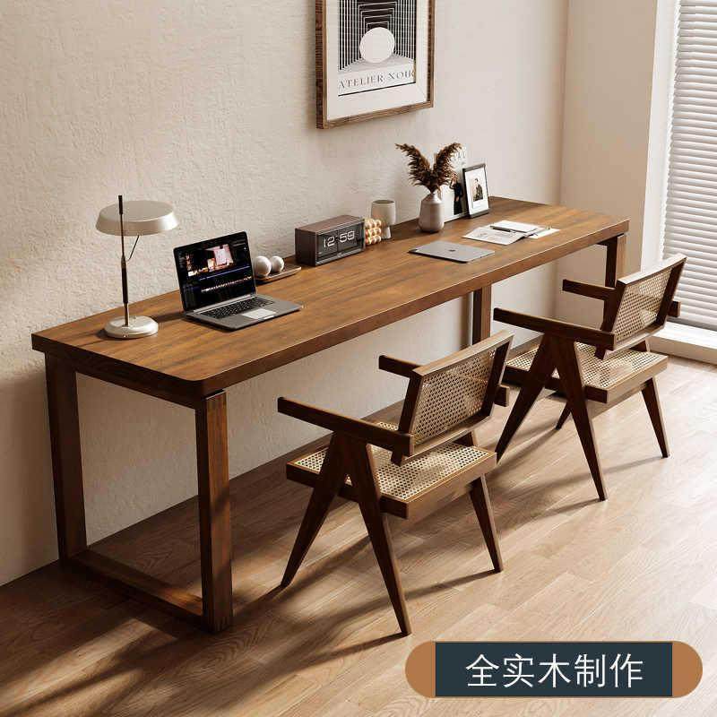 现代简约实木双人书桌靠墙电脑桌客厅家用办公桌椅组合学生学习桌