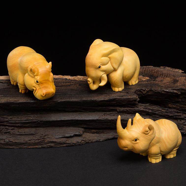 黄杨木雕非洲三宝犀牛河马大象摆件文玩手把件创意车载家居工艺品