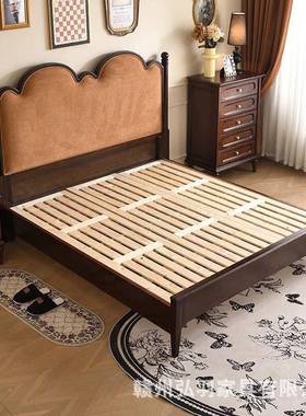 中古风实木床法式卧室1.5包软.背布艺双人床18米DQR主卧床简约靠