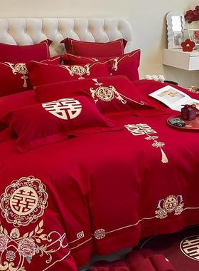 中式龙凤绣刺婚庆件套红色上结婚NWR陪嫁床单四被套床用品送礼大
