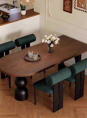 新款法式小户型复形古木餐实桌椭圆家用岛台黑色古SNC客风厅饭桌