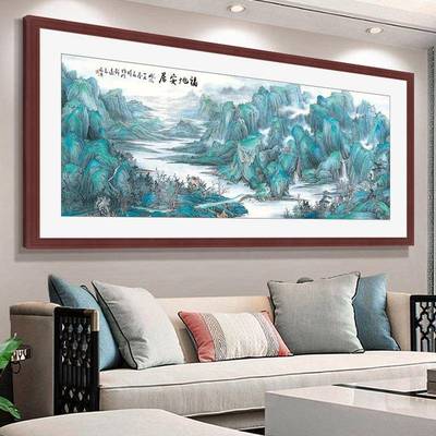 新中式山装B-10-1饰画办公室客书房画背景靠山挂画青绿山水水国壁