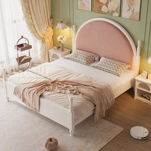 法式油风木TUB床一米八双人大床实女生卧室靠白色1.5粉奶色软公主