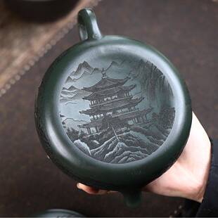 爆款分销大容50C兴PTT紫砂壶手工制作原8矿翡翠宜绿量泥满刻寒江