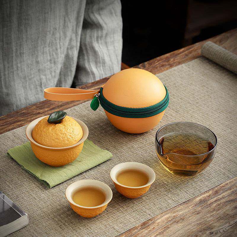 丑橘旅行茶具陶瓷一壶两杯便携式快客杯户外露营随行茶杯个人