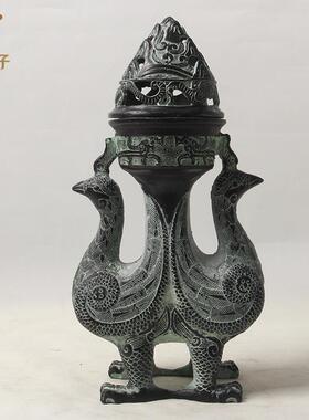 双凤博山炉仿古青铜器茶桌书房香道摆件工艺品汉代博山炉直销
