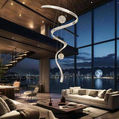 复试楼梯间吊灯客厅大吊灯设计师轻奢外贸别墅挑空楼大气水晶飘带