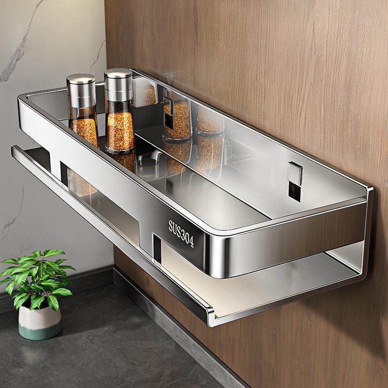304不锈钢厨房置物架调味料品罐收纳架子墙上免打孔壁挂式调料架