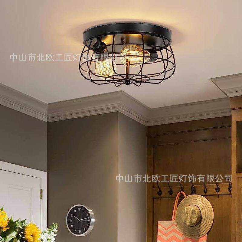 美式吸顶灯复古乡村工业风铁艺金属笼子嵌入式卧室天花板灯具