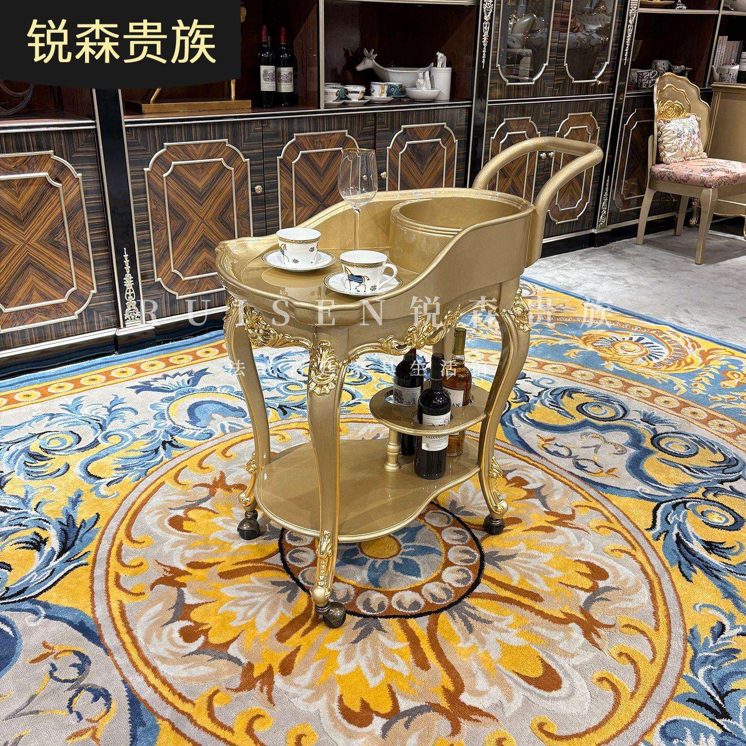 法式实木餐车欧式小推车雕刻家用置物架双层奢华餐厅移动手推车