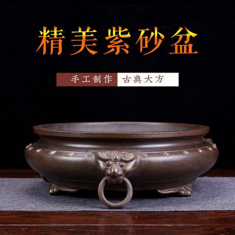 盆景盆宜兴紫砂花盆兽耳假山绿植盆栽专用盆经典雅致兰花兰草