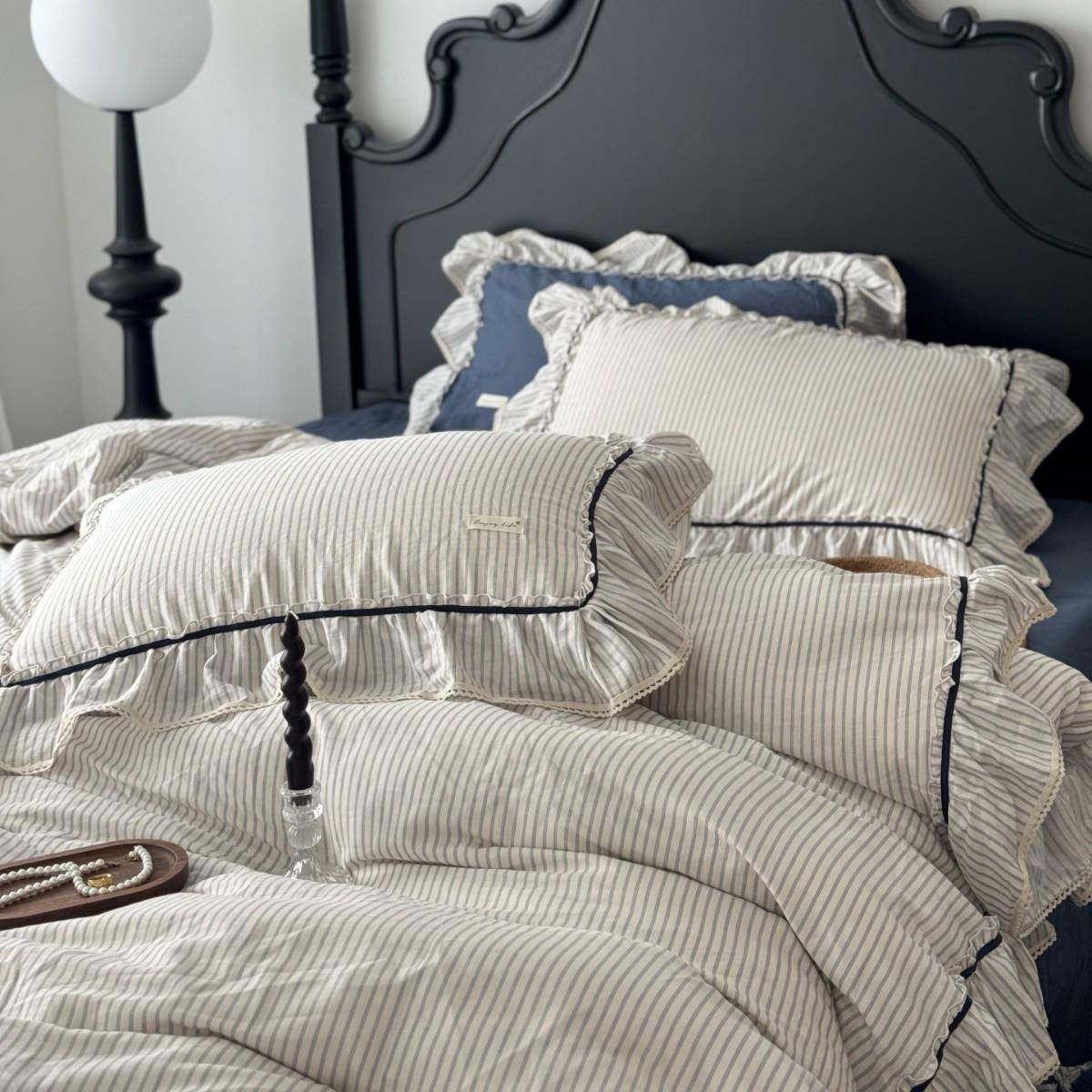 韩系黑白条纹全棉双层纱四件套棉织带花边纯棉床单被套套件简约