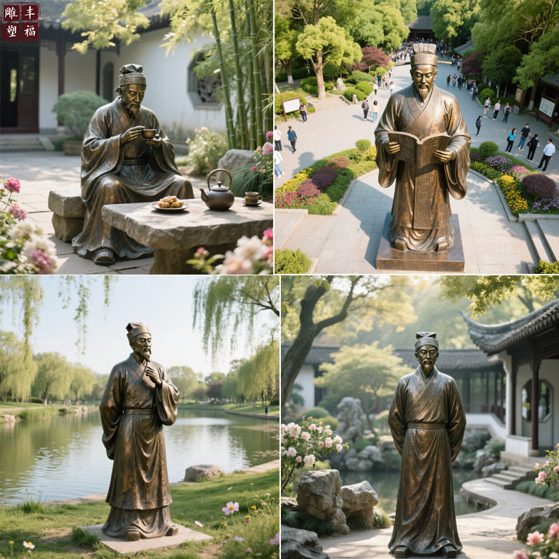 厂家供应铸铜古代历史人物茶圣陆羽雕塑陆羽全身铜像坐像摆件