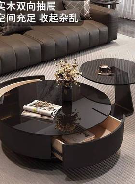 意式极简客厅用轻奢茶风小户型桌感简约POB新黑玻璃家圆款形组合