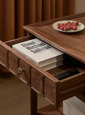 美北黑胡桃木美式复古实木沙几发边几小茶客厅方几卧床室抽94517