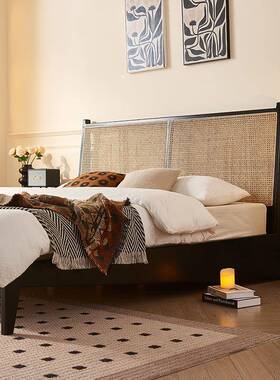现代419简约师编实木床黑色卧室1.m双人床设8计1.5m单人藤酒店民