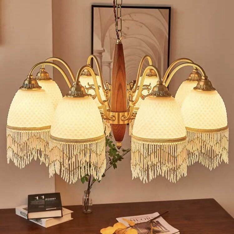 全光客谱全98铜中古全厅吊灯复古胡木网格玻桃璃流苏灯铜餐厅吊灯,家装灯饰光源,智能吊灯,淘宝优惠券,粉丝福利购,淘宝优惠卷