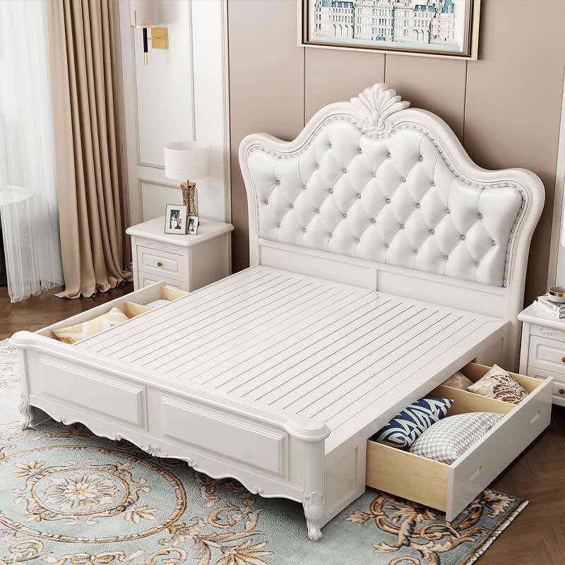 欧式实木床美式1.5软M公主简欧款米白色1.8靠约双简qx人婚床雕花