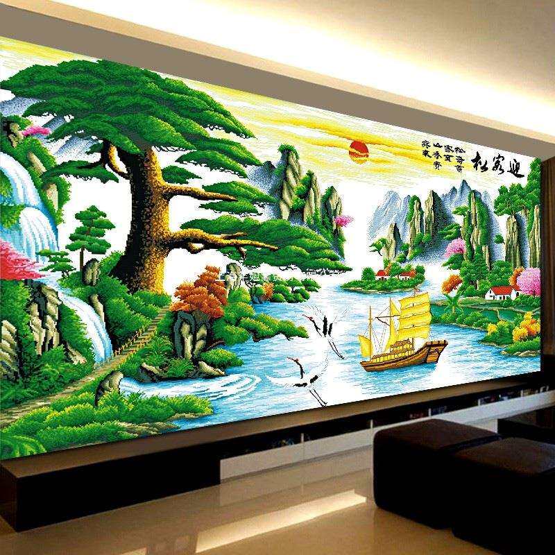 迎客松十字绣2025新款线绣客厅大气山水画风景大幅流水生财自己绣