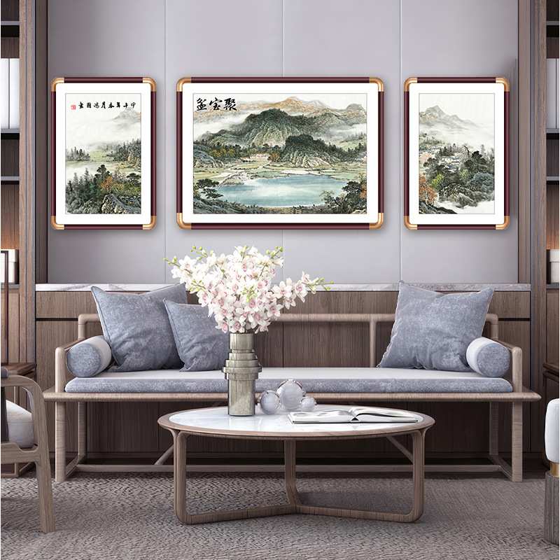 客厅装饰画三联挂画聚宝盆风水新中式国画山水画新款榫卯工艺墙画