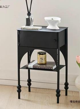 小户型黑色咖啡桌窄轻奢沙发设计个性卧室床头柜复古边柜bjs实木