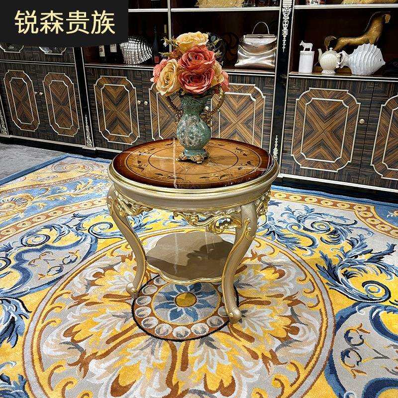锐森贵族法式小茶几欧式实木小圆几客厅雕花香槟色小茶几