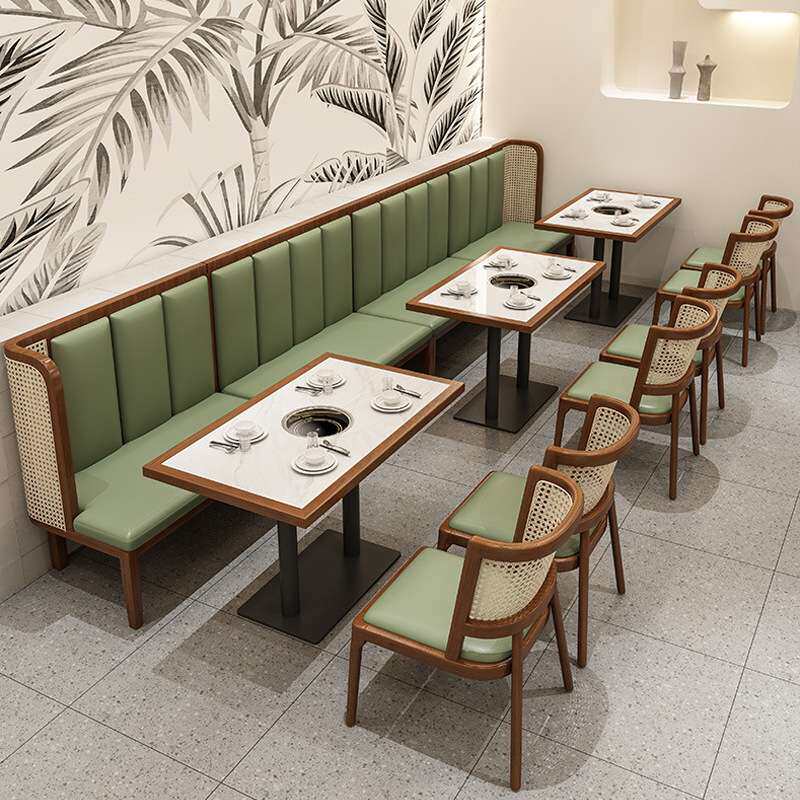 连锁餐饮店实木编藤卡座桌椅组合主题餐厅休闲咖啡厅西餐厅沙发椅