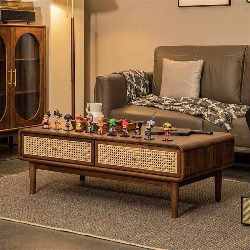 北欧全实木茶几黑胡桃木个性藤编小户型简约现代沙发茶台家用茶几