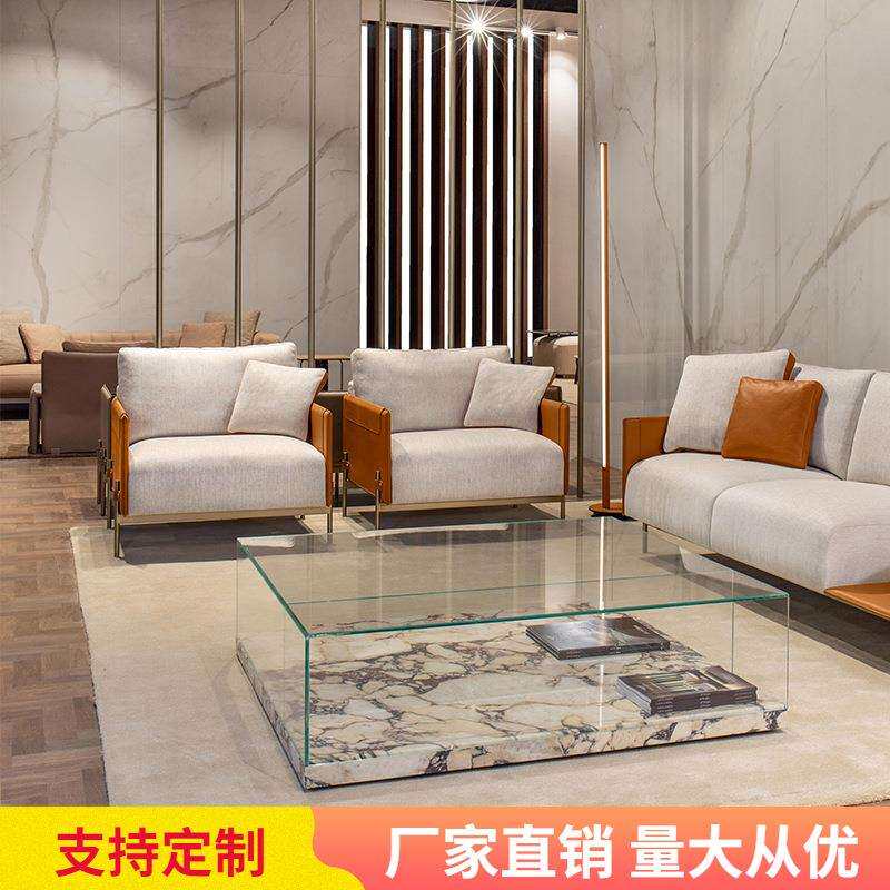 意式极简设计师售楼部马鞍皮小户型客厅单人双扶手布艺沙发舒适