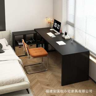 黑色实木L型转角桌书柜一体电脑桌卧室家用电竞桌子学生窗边书桌