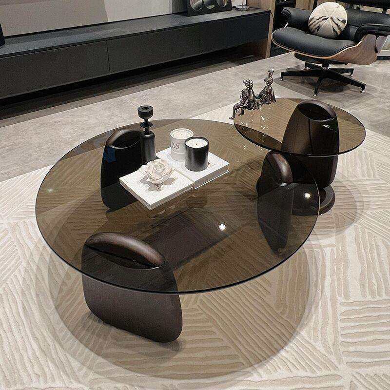 意式极简家用个性创意实木圆形茶几轻奢小户型钢化玻璃边几组合