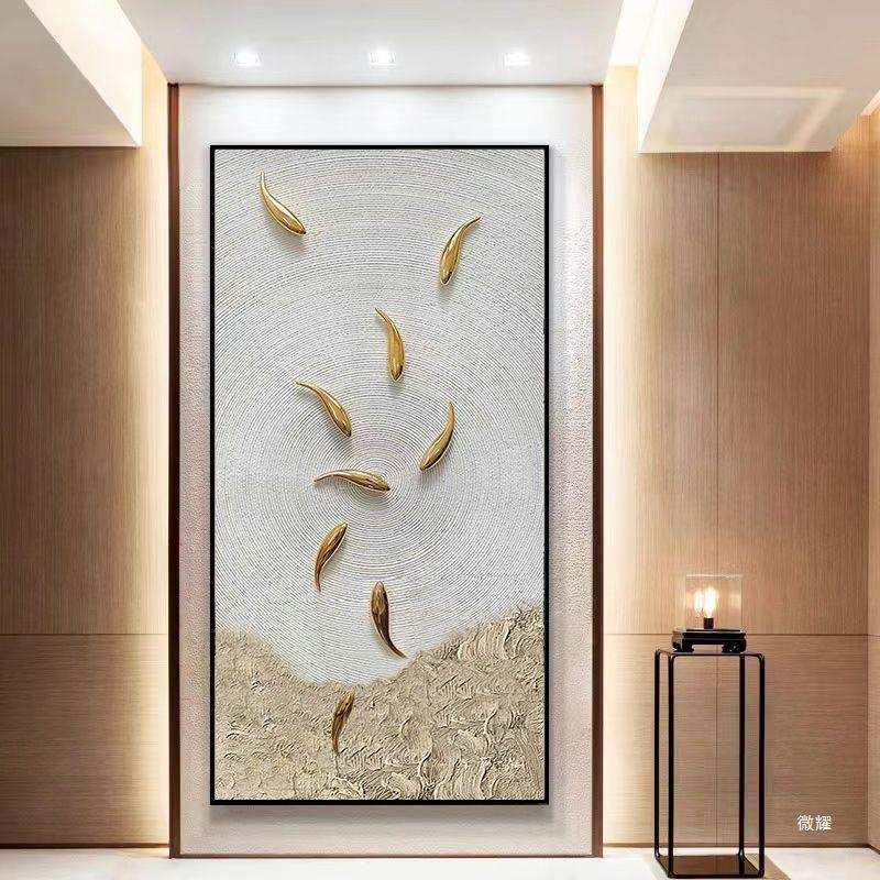 手绘九鱼图轻奢玄关装饰画寓意好简约客厅立体画竖版入户走廊壁画