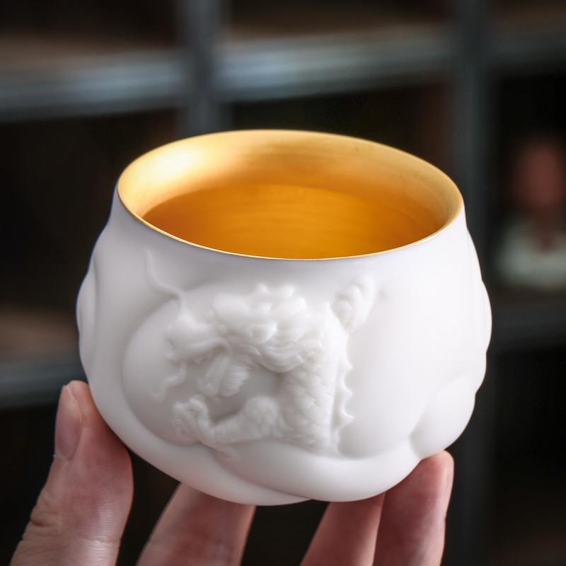 羊脂玉瓷鎏金茶杯大号单杯个人专用浮雕祥龙主人杯陶瓷鎏银品茗杯