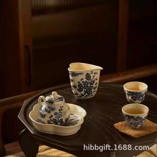 霖松堂陶瓷茶具草木灰手绘青花岁寒三友泡茶壶公杯壶承茶杯盖碗