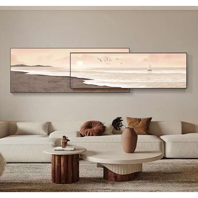 纯手绘油画现代简约客厅装饰画叠加画海边风景风景画轻奢两联叠加