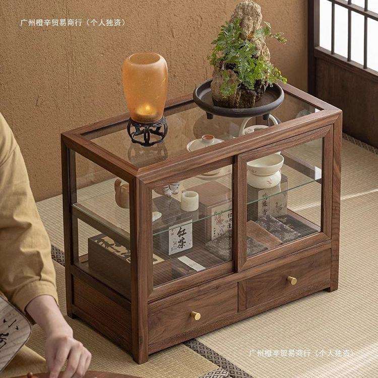 实木桌面置物柜储物柜透明玻璃文玩展示柜落地一体胡桃木收纳柜子