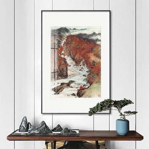 关山月秋溪放筏新中式装饰画客厅玄关书房山水国画办公室风水挂画