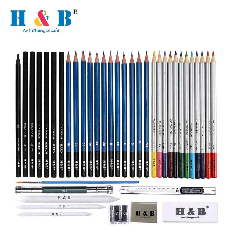 H&B素描铅笔美术绘画用品套装40件水溶性彩铅笔炭笔跨境 定 制