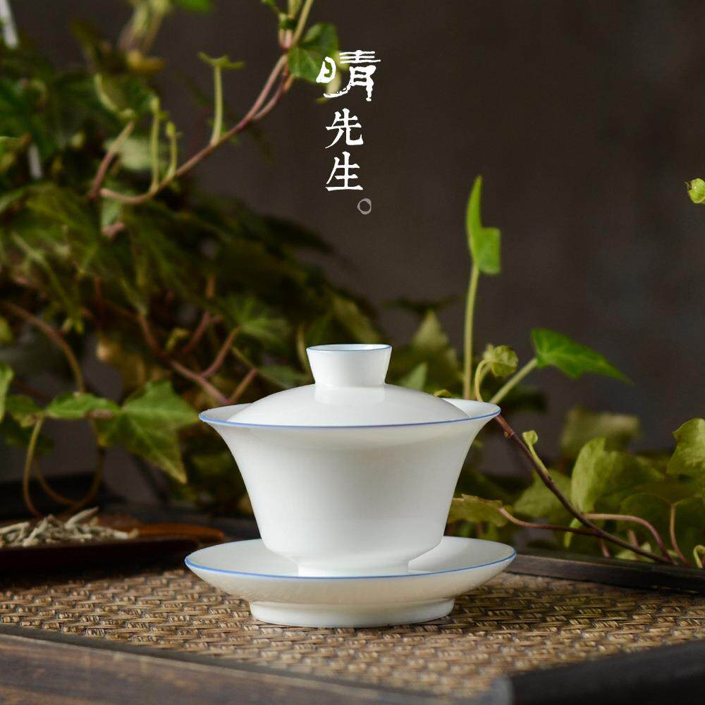 复古甜白釉三才盖碗景德镇手绘蓝边盖碗茶杯家用茶具陶瓷泡茶器